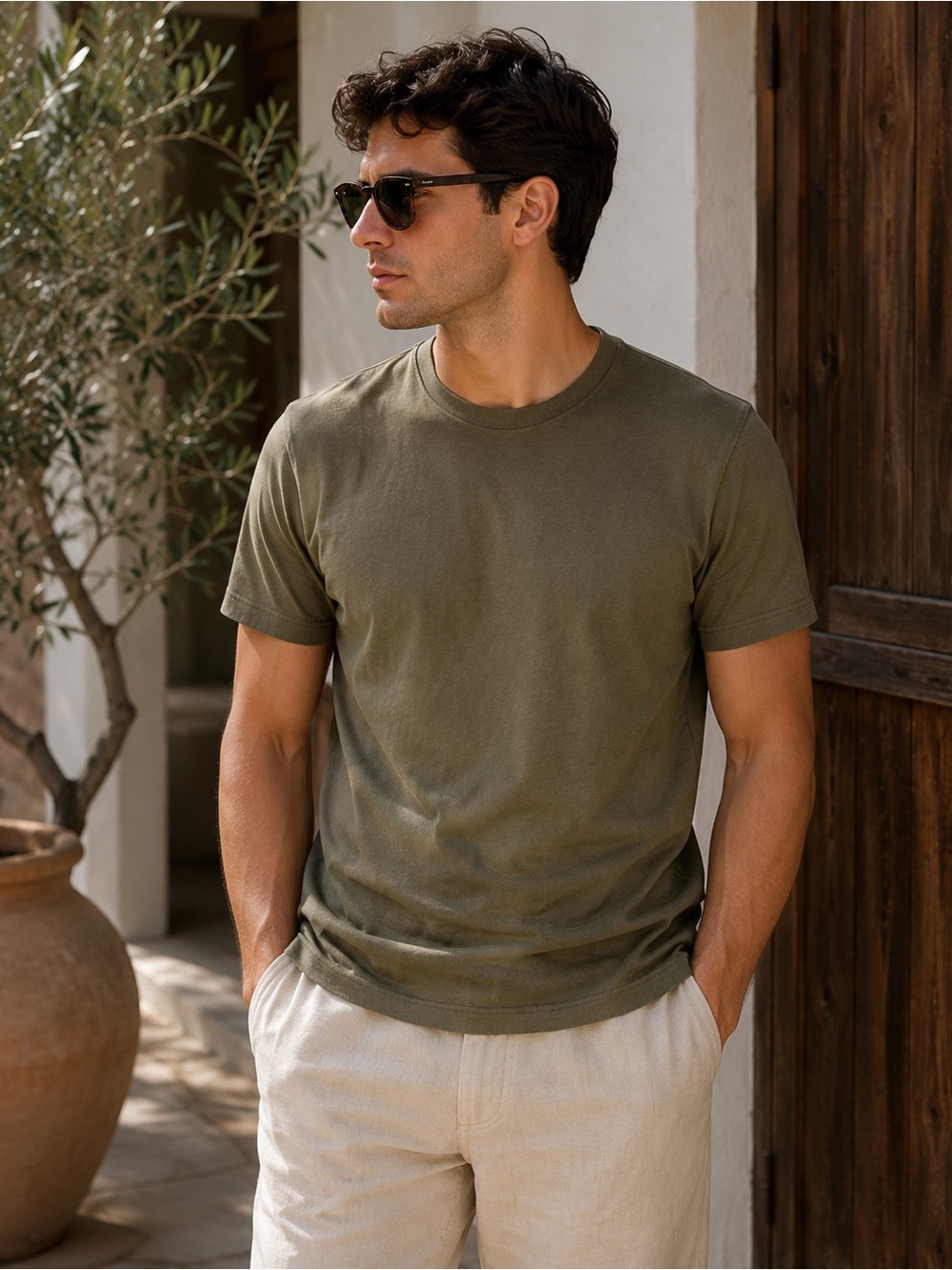Olliver Grey Made In Italy Olive Green Mako Cotton Luxury Tee Size Medium
